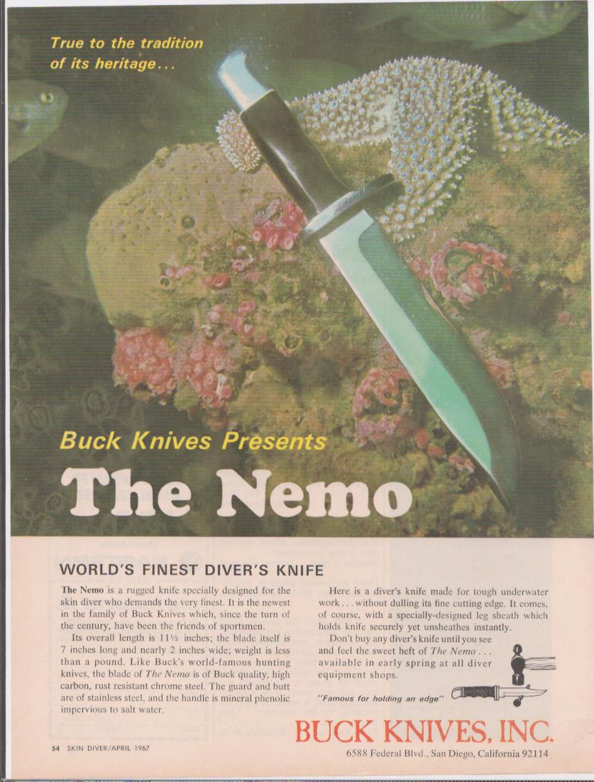 Vintage 1967 Buck Knives Nemo original print advertisement, diver's knife photographed against colorful coral reef with starfish underwater
