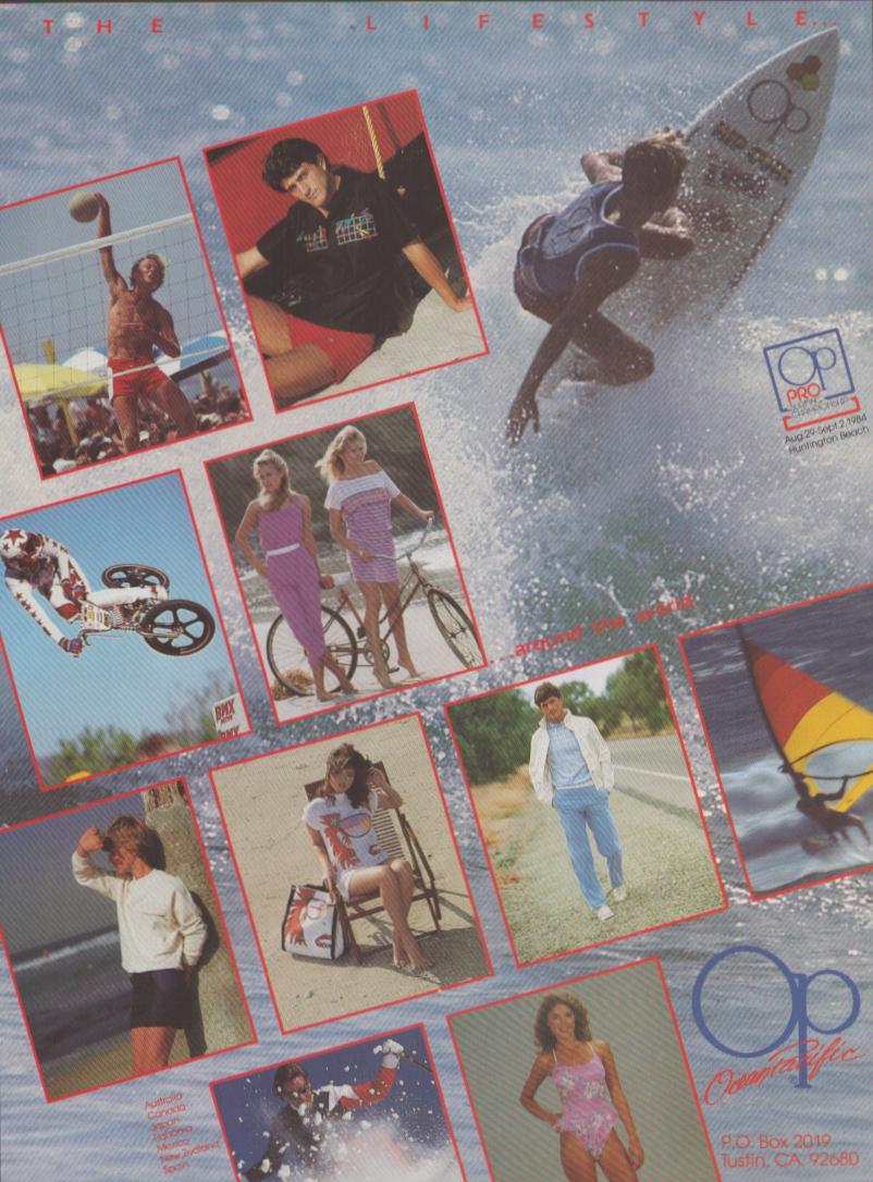 Vintage 1984 Ocean Pacific OP original print advertisement, colorful collage of surfing, beach volleyball, BMX, and fashion lifestyle imagery with OP Pro Huntington Beach branding