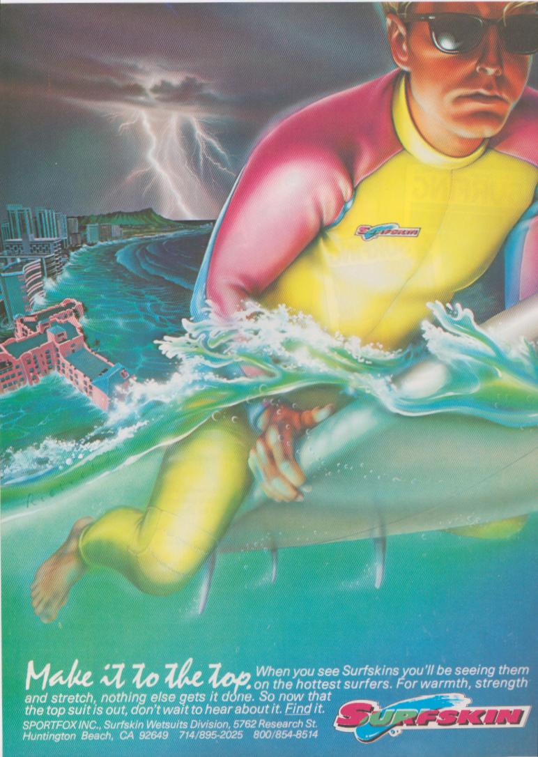 Vintage 1980s Surfskin Wetsuits original print advertisement, dramatic airbrush illustration of surfer in neon wetsuit riding waves against a lightning-struck Waikiki skyline