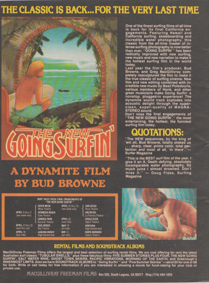 Vintage 1970s The New Going Surfin' Bud Browne original print advertisement, illustrated surfer overlooking tropical cove with surf film promotional text and California theater listings