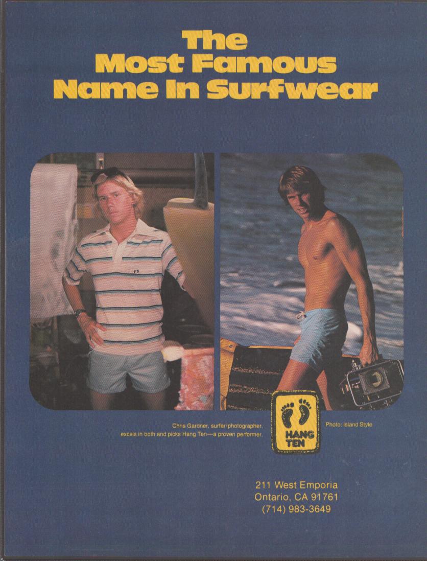 Vintage 1970s Hang Ten surfwear original print advertisement, featuring surfer Chris Gardner in striped polo and board shorts against blue background with iconic Hang Ten footprint logo