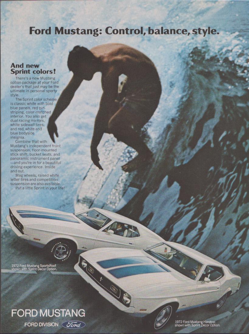 Vintage 1972 Ford Mustang Sprint Decor Option original print advertisement, surfer riding giant wave above two white Mustang models on road