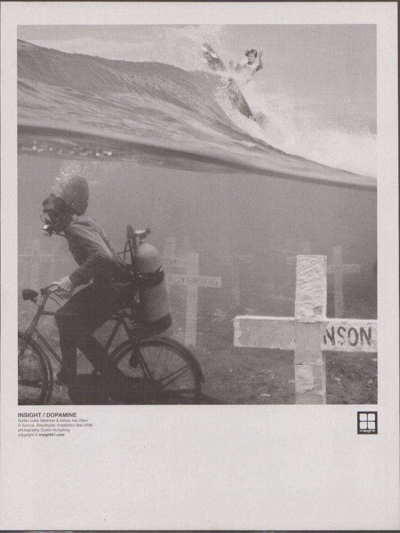 Vintage 2008 Insight Dopamine original print advertisement, black and white split underwater image with surfer on wave above and scuba diver on bicycle in submerged cemetery below