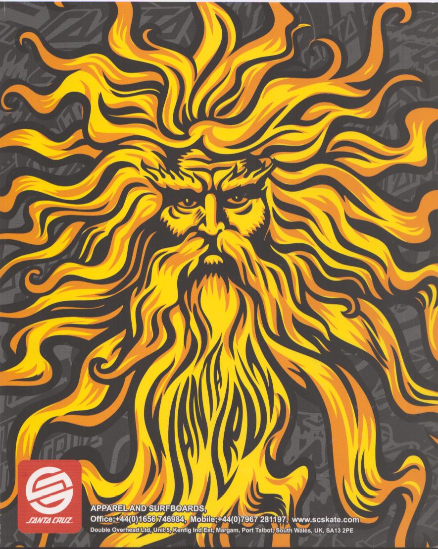 Vintage 1990s Santa Cruz Skateboards original print advertisement, bold Sun God illustration in gold and orange flames on dark grey background with Santa Cruz logo