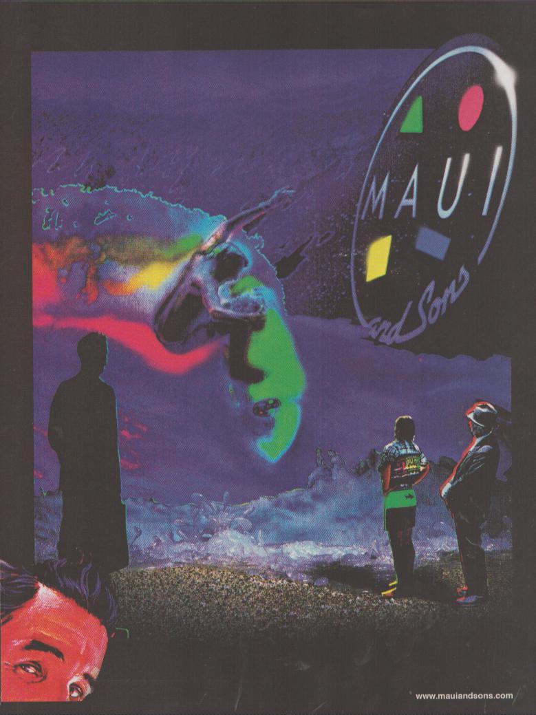 Vintage 1990s Maui and Sons original print advertisement, neon psychedelic skateboarder soaring through purple sky with rainbow light trails and silhouetted spectators below