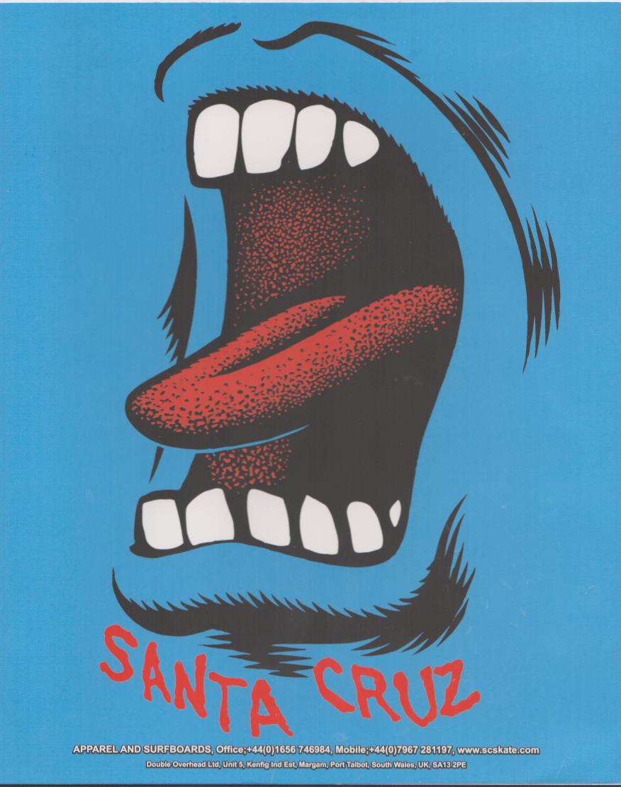Vintage 1990s Santa Cruz Apparel and Surfboards original print advertisement, bold screaming mouth graphic in black and red on bright blue background with red Santa Cruz logo text