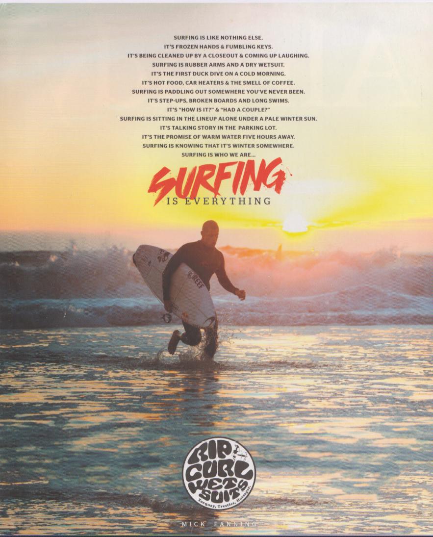 Vintage 1990s Rip Curl Wetsuits original print advertisement featuring Mick Fanning walking out of surf at sunset with surfboard under arm, 'Surfing Is Everything' campaign