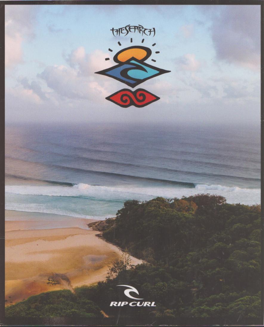 Vintage 1990s Rip Curl The Search original print advertisement, aerial view of remote tropical coastline with perfect waves peeling toward shore