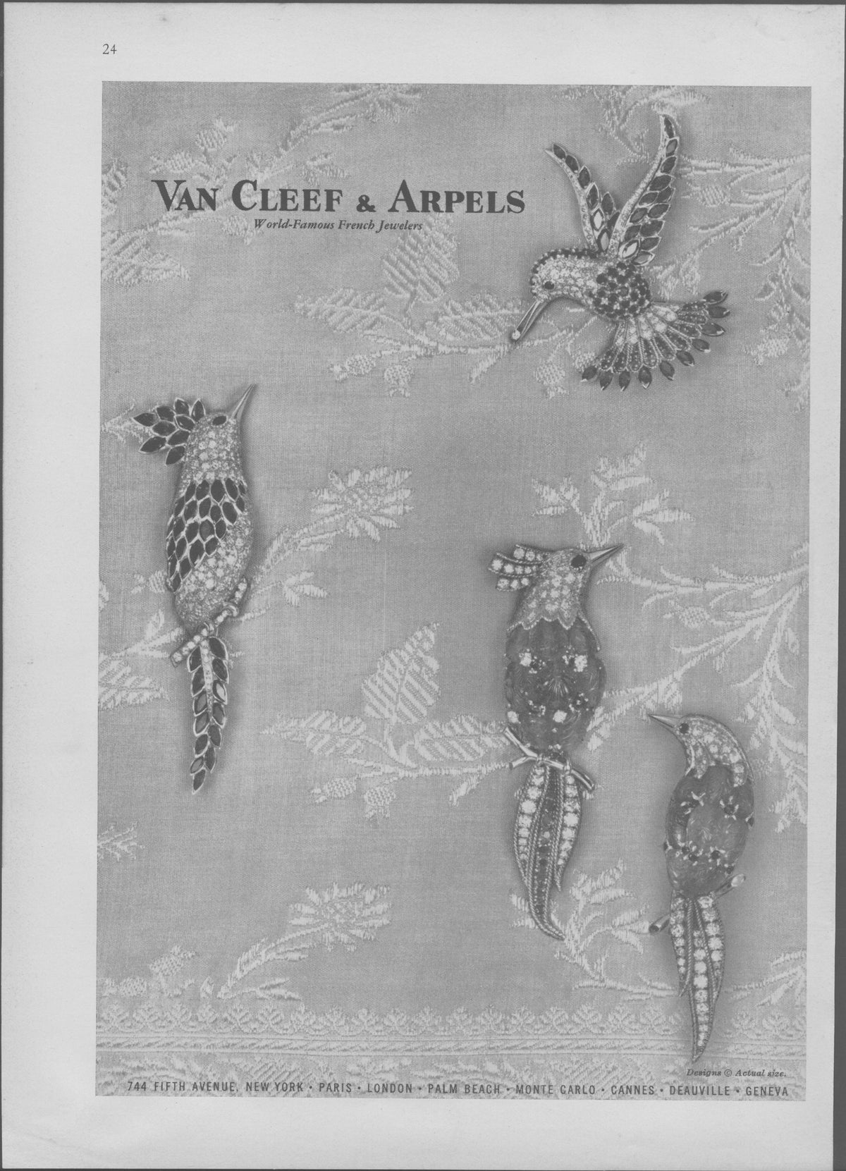 Vintage 1950s Van Cleef &amp; Arpels original print advertisement, four gem-encrusted bird brooches displayed on floral brocade fabric background