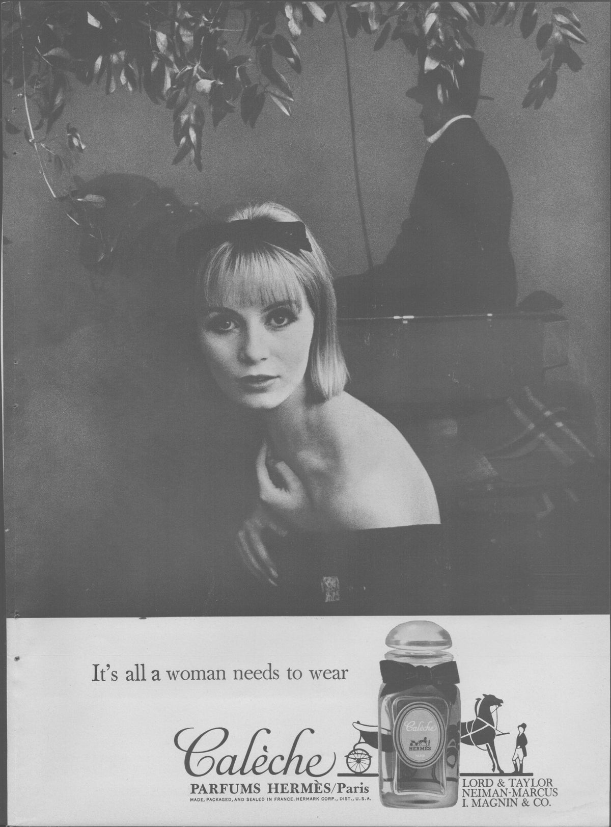 Vintage 1960s Hermès Calèche original print advertisement, black and white photograph of bare-shouldered blonde woman beneath foliage with iconic Calèche perfume bottle and bow