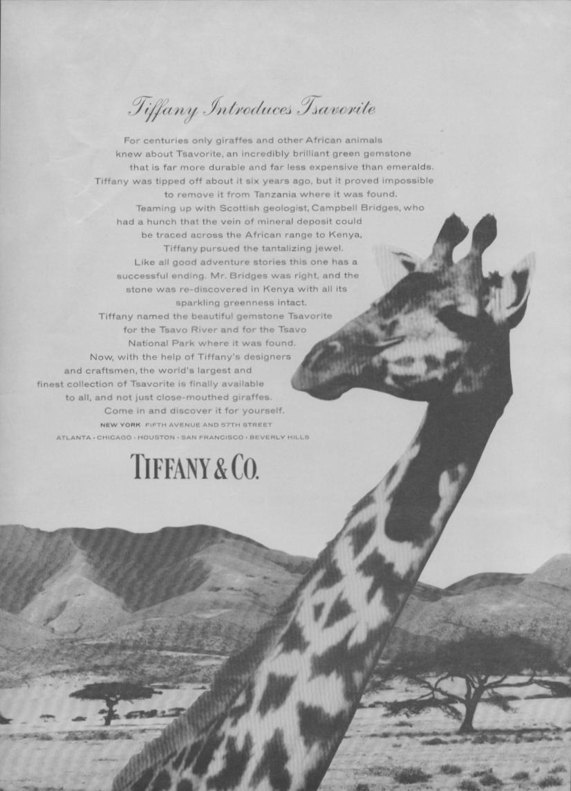 Vintage 1970s Tiffany & Co. Tsavorite original print advertisement, black and white image of a giraffe in African savanna with script headline and brand introduction copy