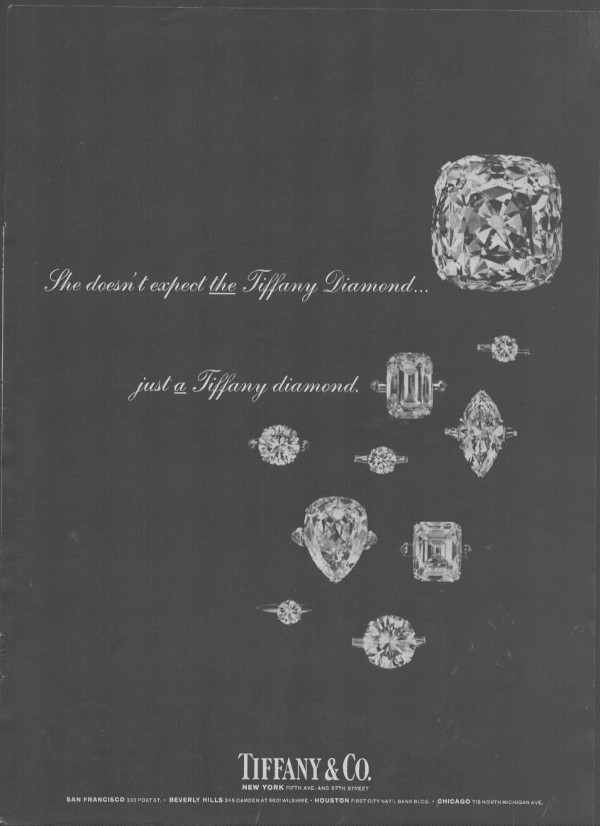Vintage 1960s Tiffany & Co. original print advertisement, multiple diamond ring cuts arranged on dark background with elegant script headline