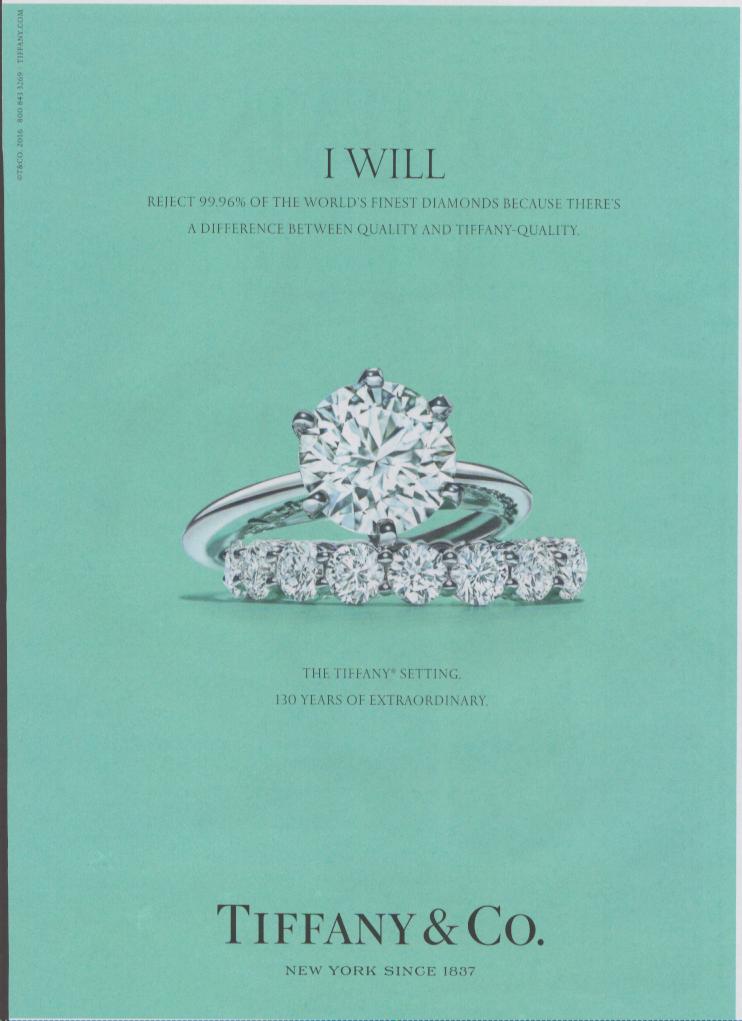 Vintage 2006 Tiffany & Co. diamond ring original print advertisement, solitaire engagement ring and eternity band on Tiffany blue background