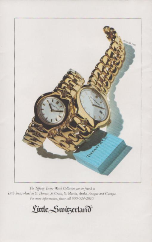 Vintage 1992 Tiffany & Co. Tesoro Watch Collection original print advertisement, two gold-tone watches displayed atop iconic Tiffany blue box for Little Switzerland Caribbean retailer