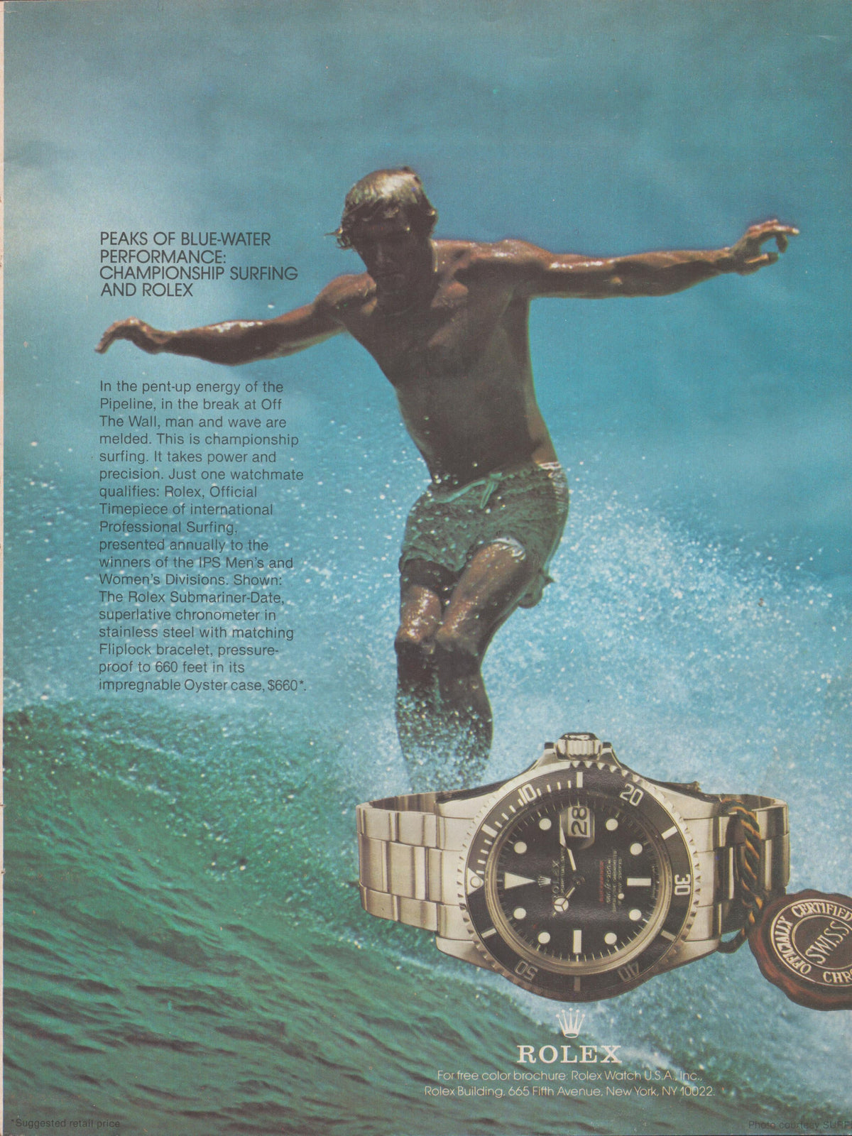 Vintage 1970s Rolex Submariner-Date original print advertisement, surfer riding a wave at Pipeline with Rolex Submariner watch in foreground, championship surfing theme