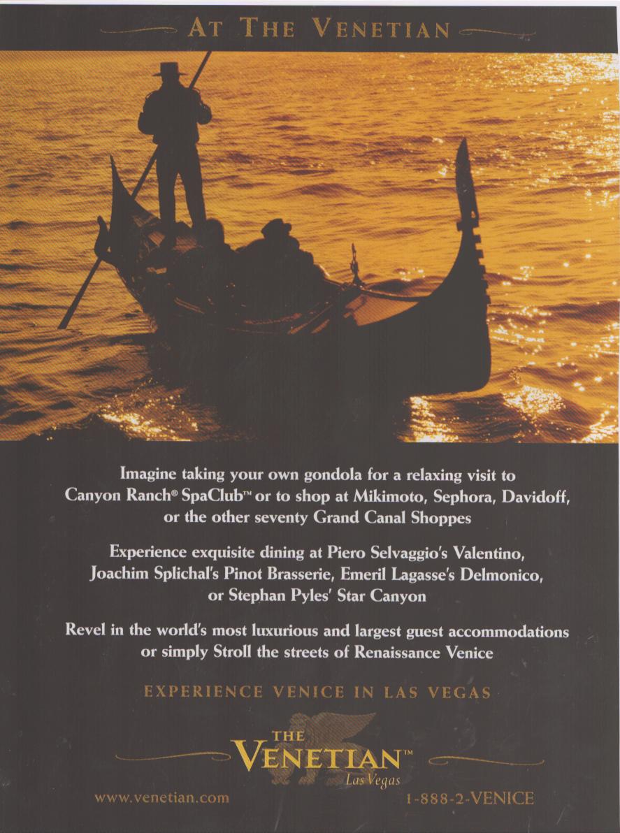 Vintage 1999 The Venetian Las Vegas original print advertisement, golden gondola silhouette on glimmering water at sunset with luxury hotel copy below