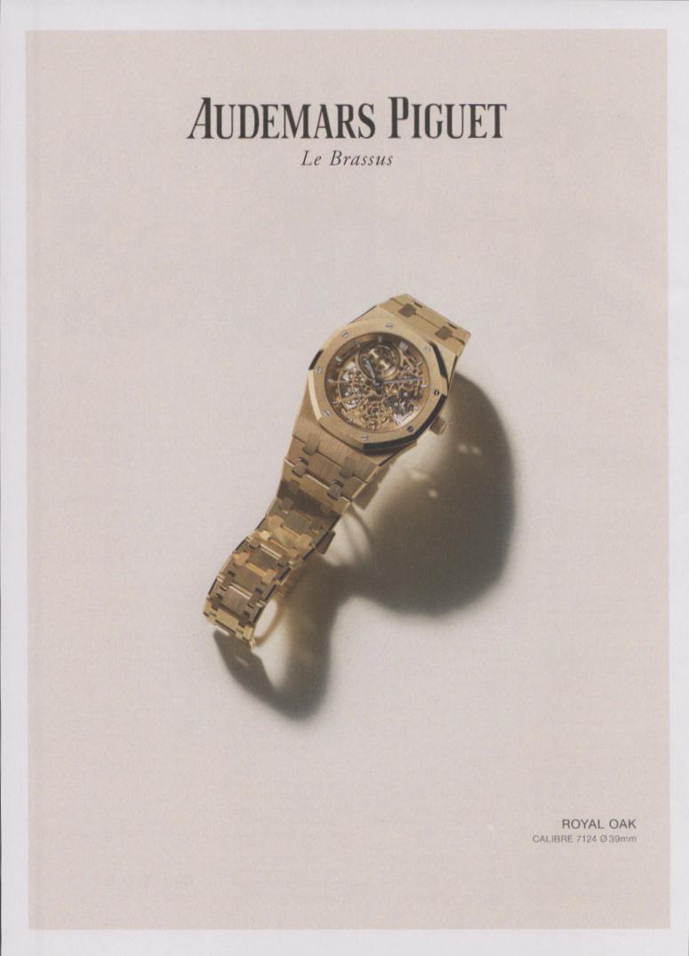Vintage Audemars Piguet Royal Oak Calibre 7124 original print advertisement, yellow gold skeleton watch on cream background with dramatic shadow