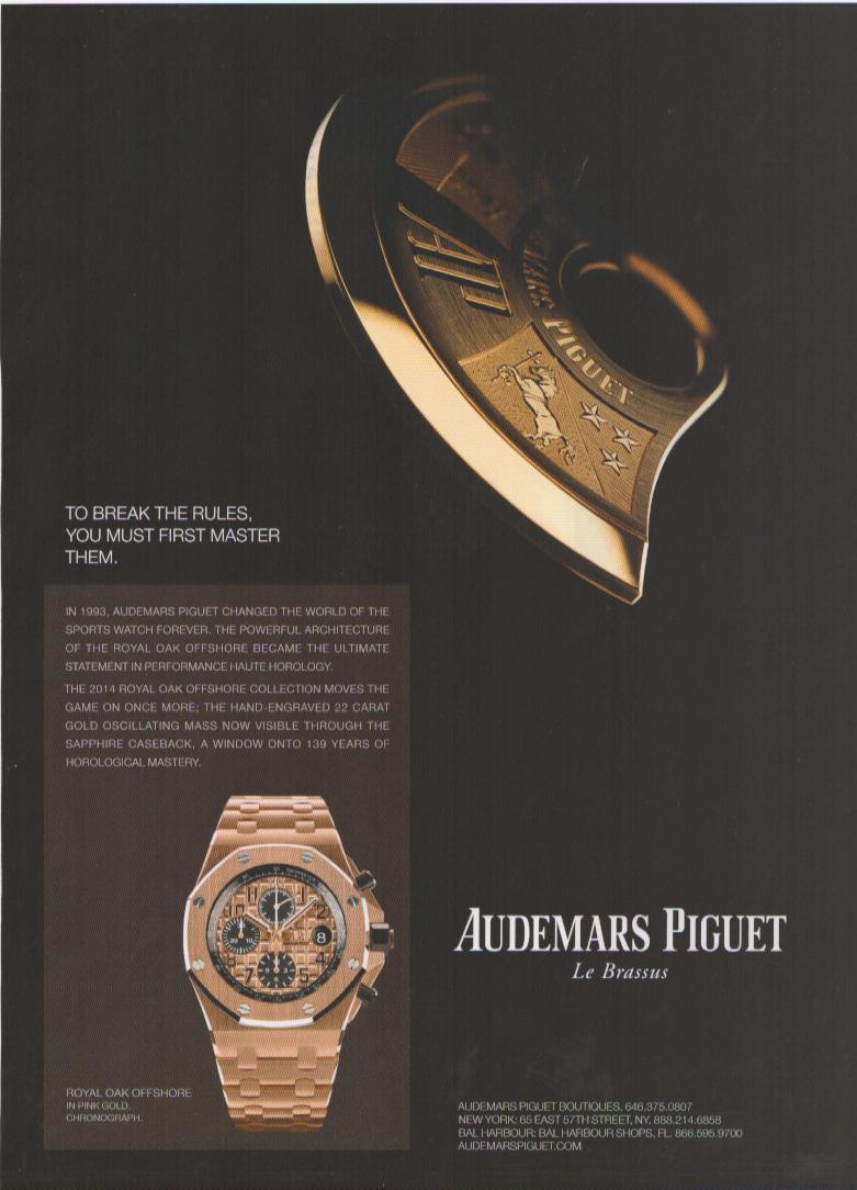Vintage 2014 Audemars Piguet Royal Oak Offshore Chronograph original print advertisement, pink gold watch and engraved caseback on dark background