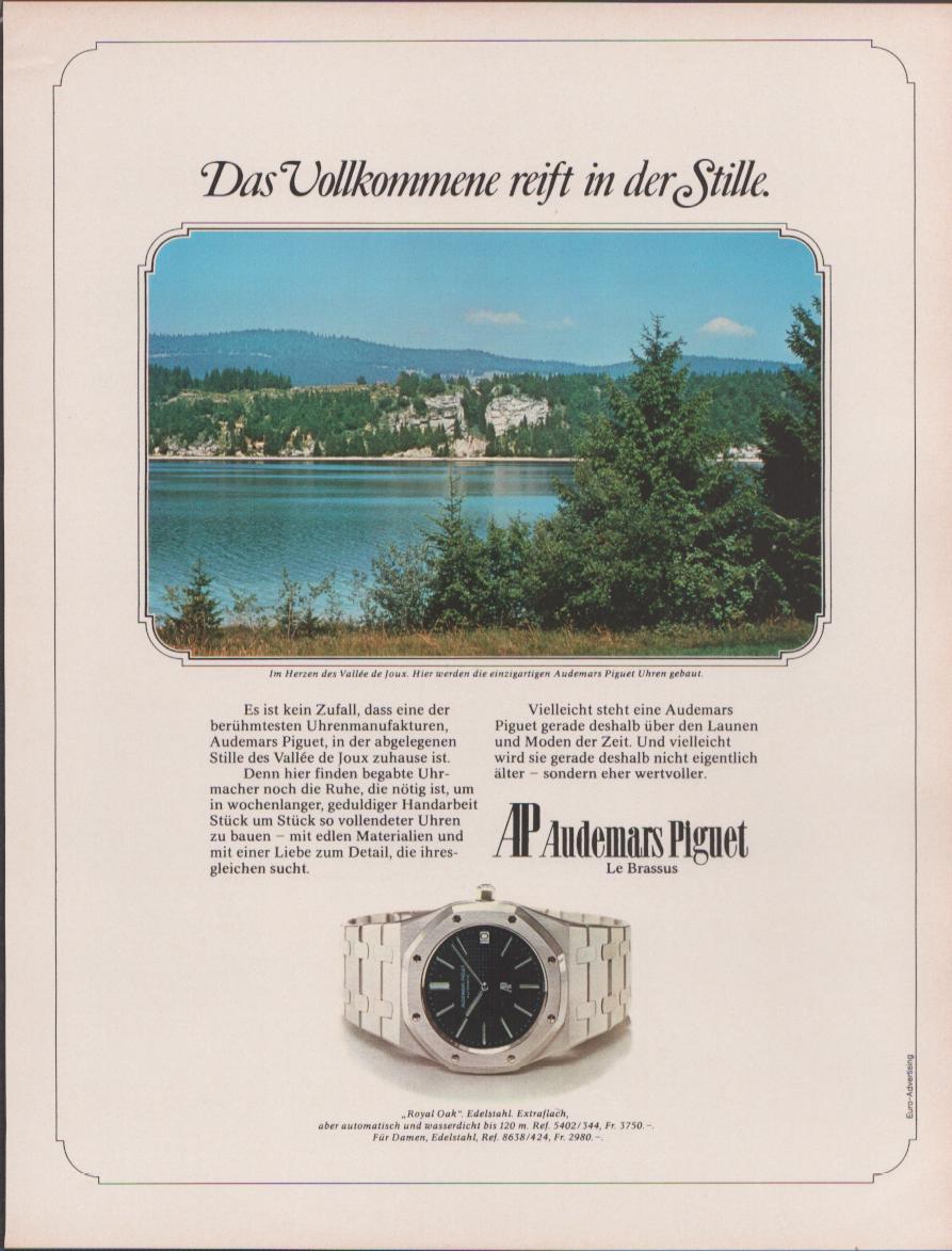 Vintage 1970s Audemars Piguet Royal Oak original print advertisement, German language ad featuring Vallée de Joux landscape and ref. 5402 steel watch on integrated bracelet