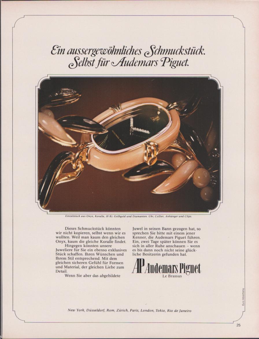 Vintage 1970s Audemars Piguet jewelry watch original print advertisement, gold and onyx jewel-watch with coral and diamond details on brown background, German-language ad