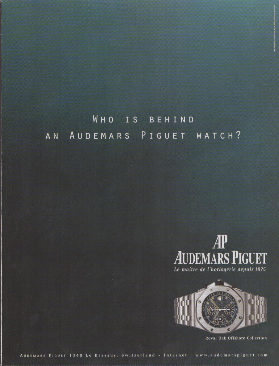 Vintage 1990s Audemars Piguet Royal Oak Offshore original print advertisement, dark teal gradient background with watch image and 'Who is behind an Audemars Piguet watch?' headline