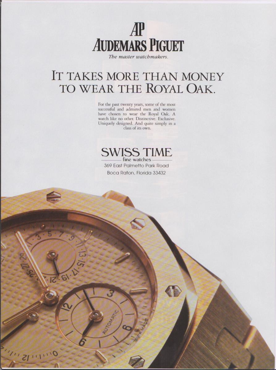 Vintage 1992 Audemars Piguet Royal Oak original print advertisement, dramatic close-up of yellow gold Royal Oak chronograph with tapisserie dial and hex-bolt bezel on white background