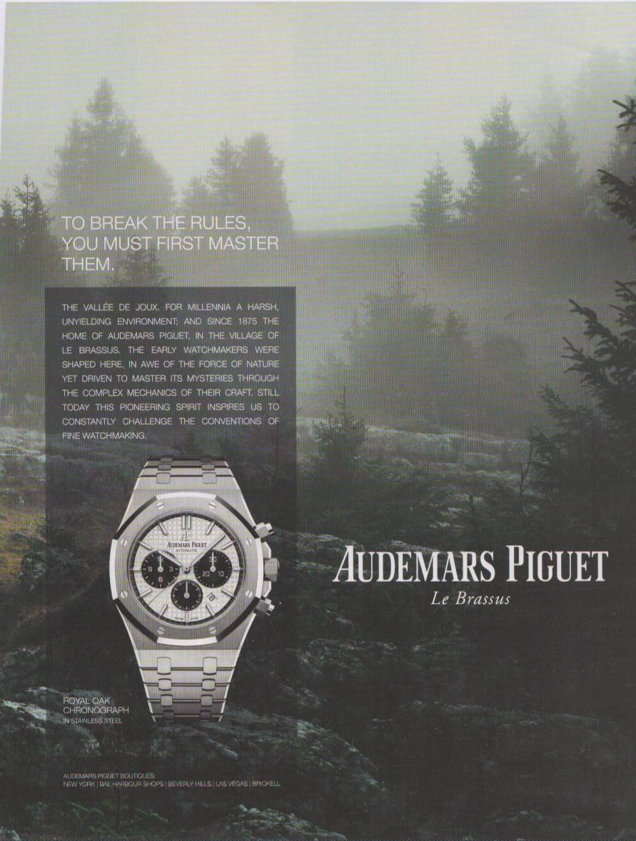 Vintage 2000s Audemars Piguet Royal Oak Chronograph original print advertisement, stainless steel watch displayed against a misty forest in the Vallée de Joux