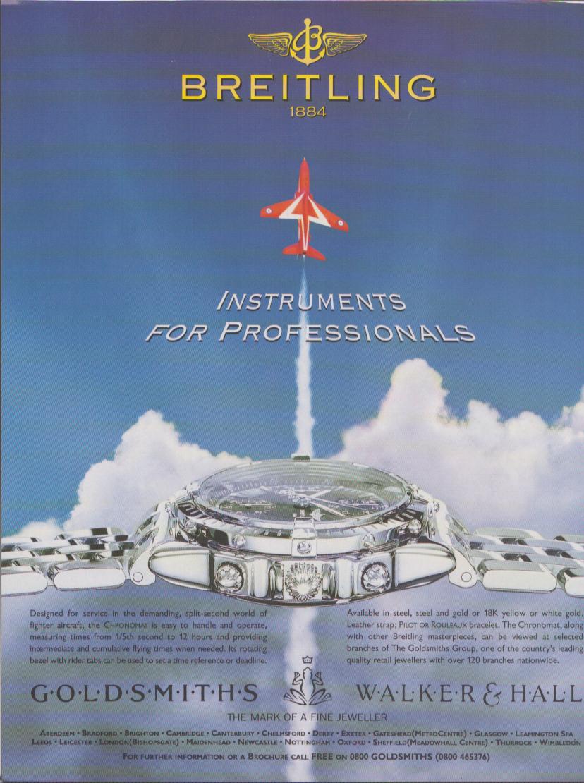 Vintage 1990s Breitling Chronomat original print advertisement, red RAF jet aircraft climbing through clouds above a steel Chronomat watch with 'Instruments for Professionals' headline