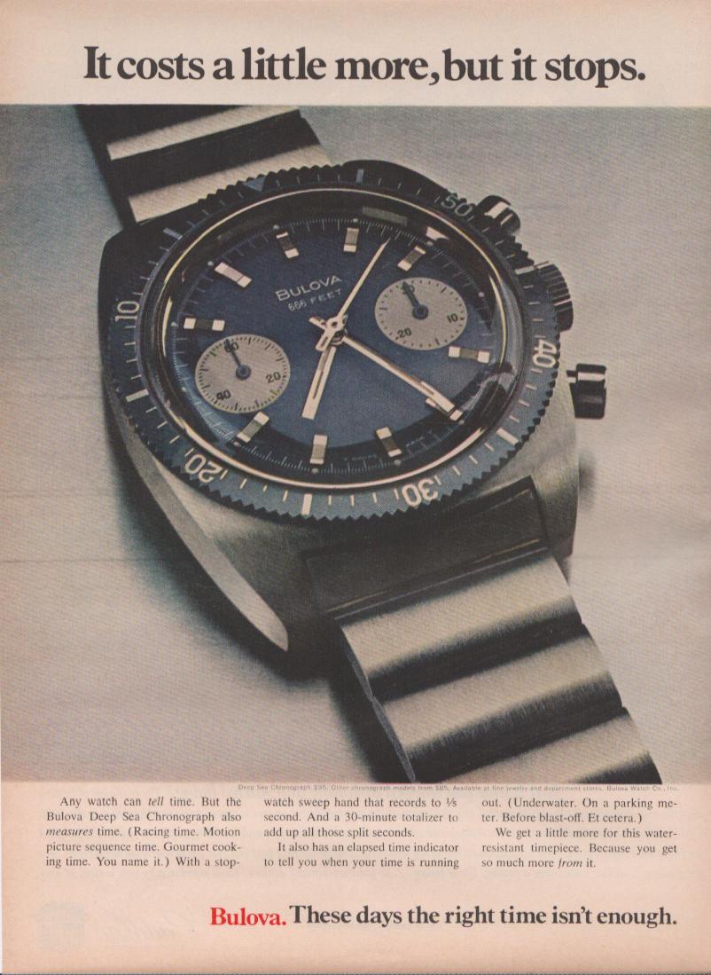 Vintage 1971 Bulova Deep Sea Chronograph original print advertisement, dramatic close-up of blue dial sport chronograph on steel bracelet with headline 'It costs a little more, but it stops'