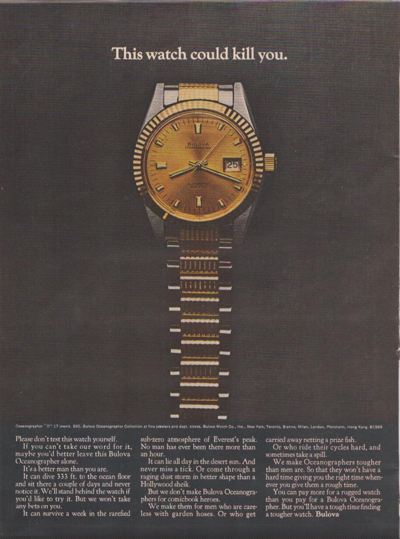 Vintage 1969 Bulova Oceanographer original print advertisement, gold-tone watch on dark background with bold headline 'This watch could kill you'