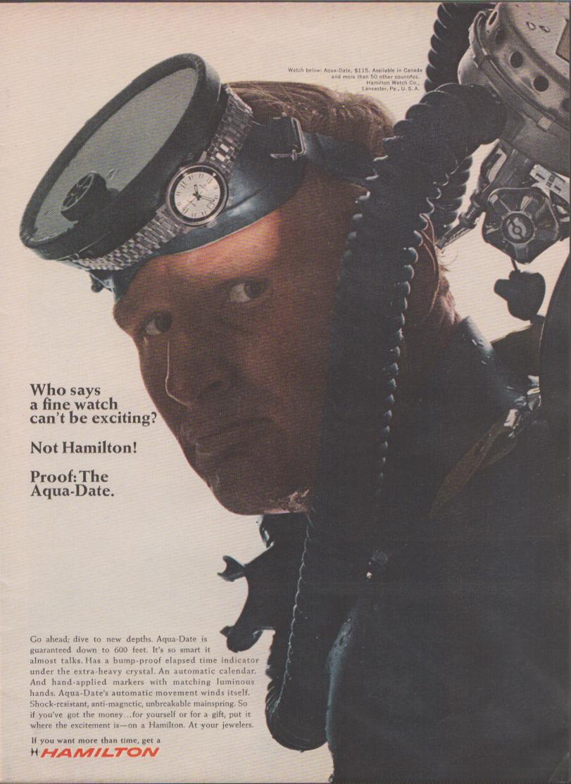 Vintage 1960s Hamilton Aqua-Date original print advertisement, dramatic close-up of scuba diver in full gear with watch on wrist and bold challenge headline