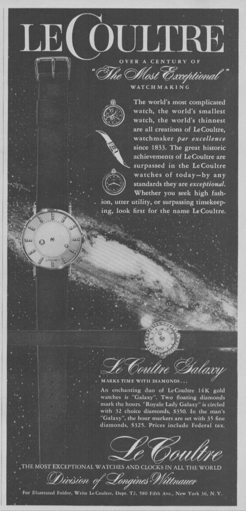 Vintage 1950s LeCoultre Galaxy original print advertisement, black and white starfield background with diamond dress watch and script typography