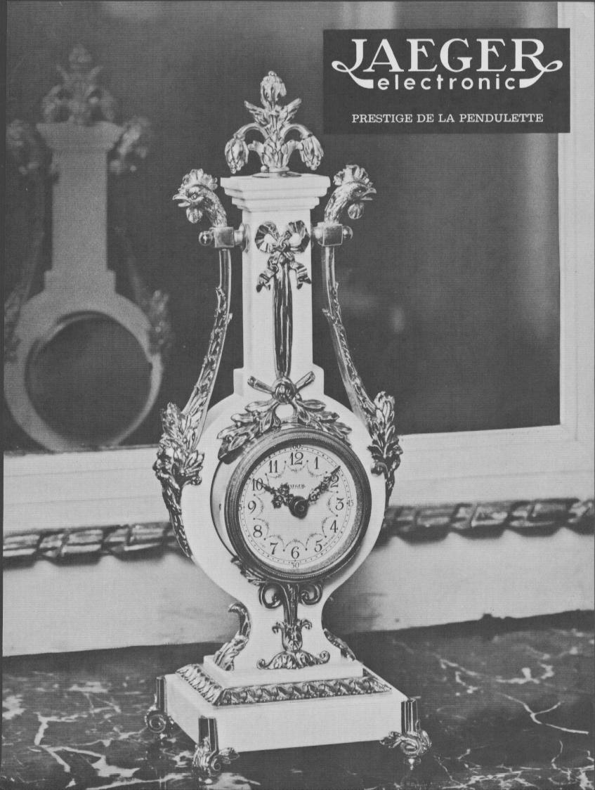 Vintage 1960s Jaeger Electronic Pendulette original print advertisement, black and white photo of ornate Louis XVI-style mantel clock with gilded bronze details on marble surface
