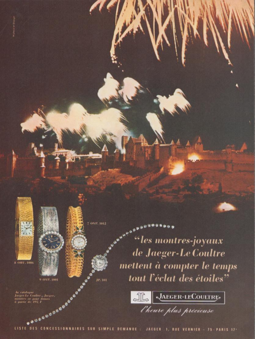Vintage 1960s Jaeger-LeCoultre Montres-Joyaux original print advertisement, fireworks over medieval château with diamond and gold jewelry watches displayed below