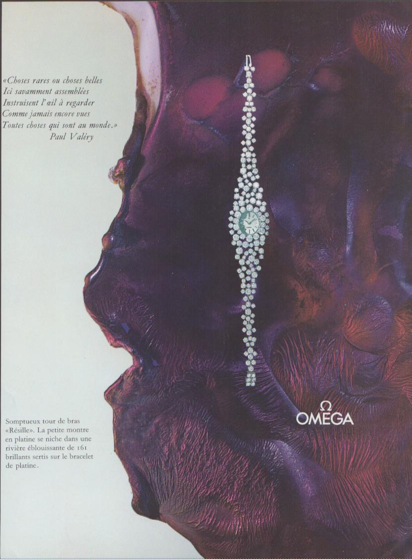 Vintage 1970s Omega Résille original print advertisement, diamond and platinum bracelet watch draped against a deep purple iris petal background with French text