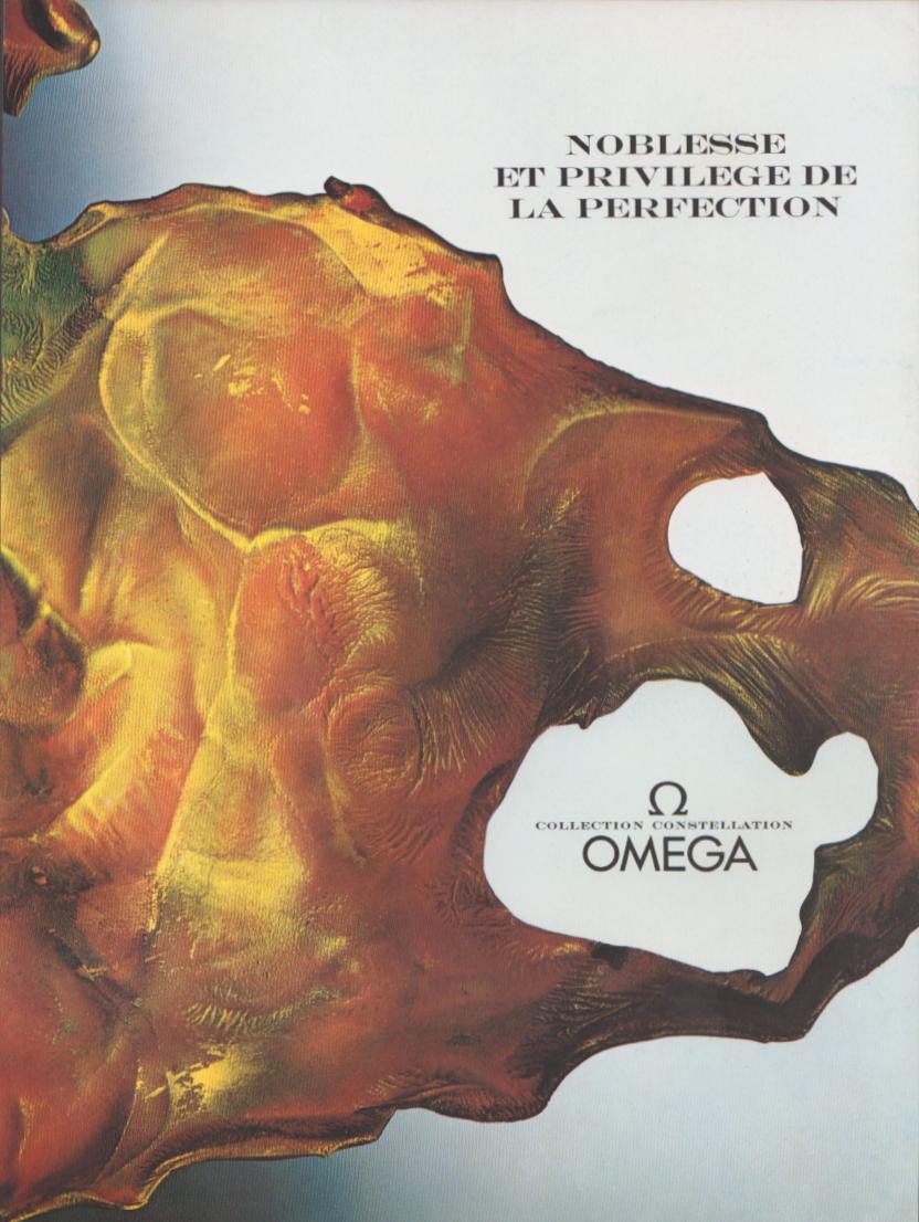 Vintage 1970s Omega Constellation Collection original print advertisement, abstract amber gold sculptural form with French headline 'Noblesse et Privilege de la Perfection'