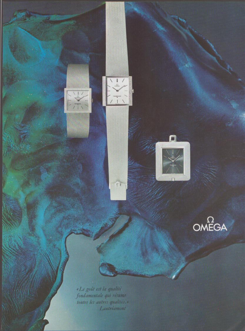 Vintage 1970s Omega De Ville original print advertisement, three silver square-cased dress watches floating on deep blue abstract background with French Lautréamont quote