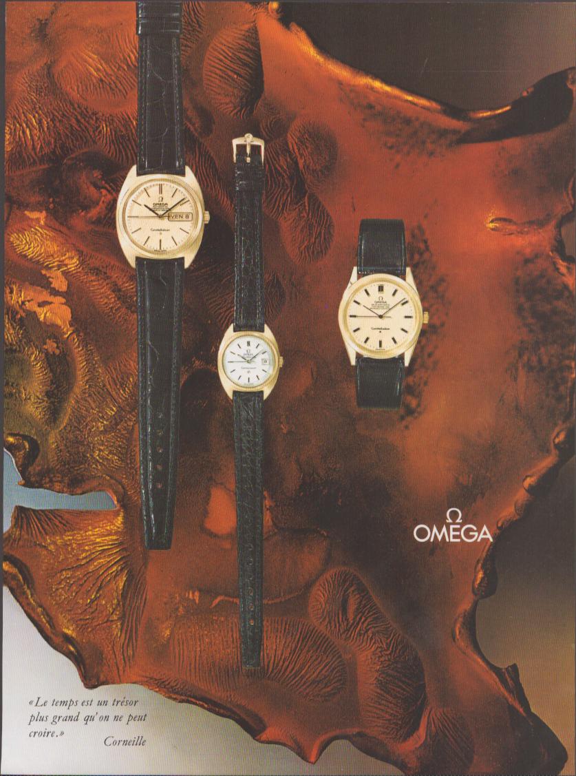 Vintage 1970s Omega Constellation original print advertisement, three gold-case watches with black leather straps arranged on an amber abstract background with French Corneille quote