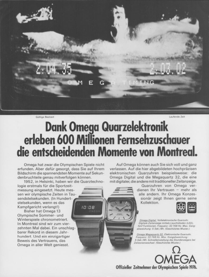 Vintage 1976 Omega Montreal Olympics original print advertisement, black and white, featuring Omega Timing scoreboard display and Omega Digital LED and Megaquartz 32 watches, German language text