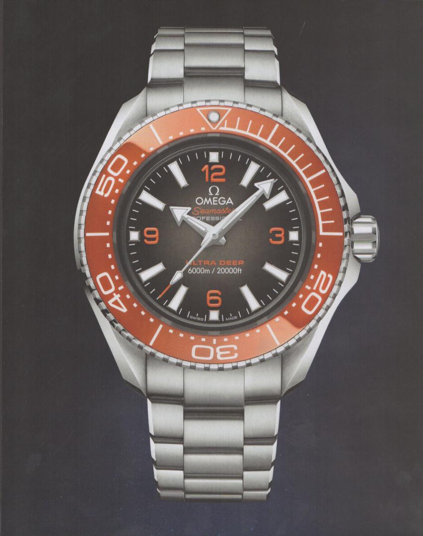 Vintage 2019 Omega Seamaster Planet Ocean Ultra Deep original print advertisement, stainless steel dive watch with orange ceramic bezel on dark background