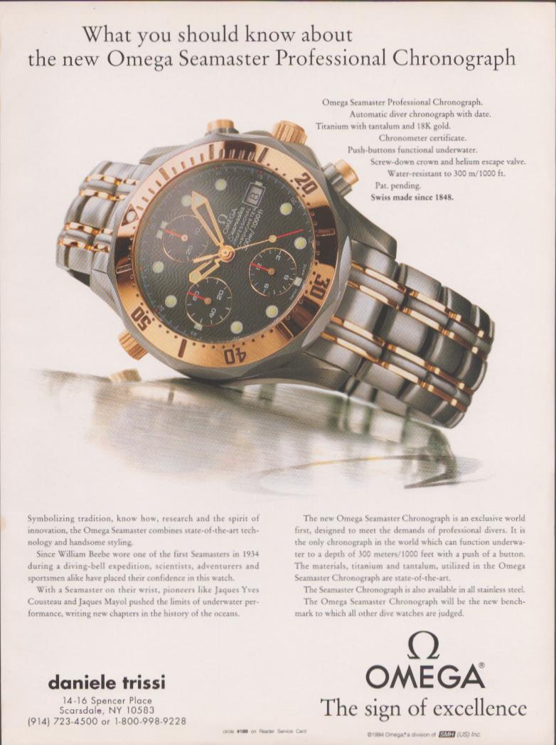 Vintage 1994 Omega Seamaster Professional Chronograph original print advertisement, close-up of titanium and gold two-tone dive chronograph on reflective surface with white background