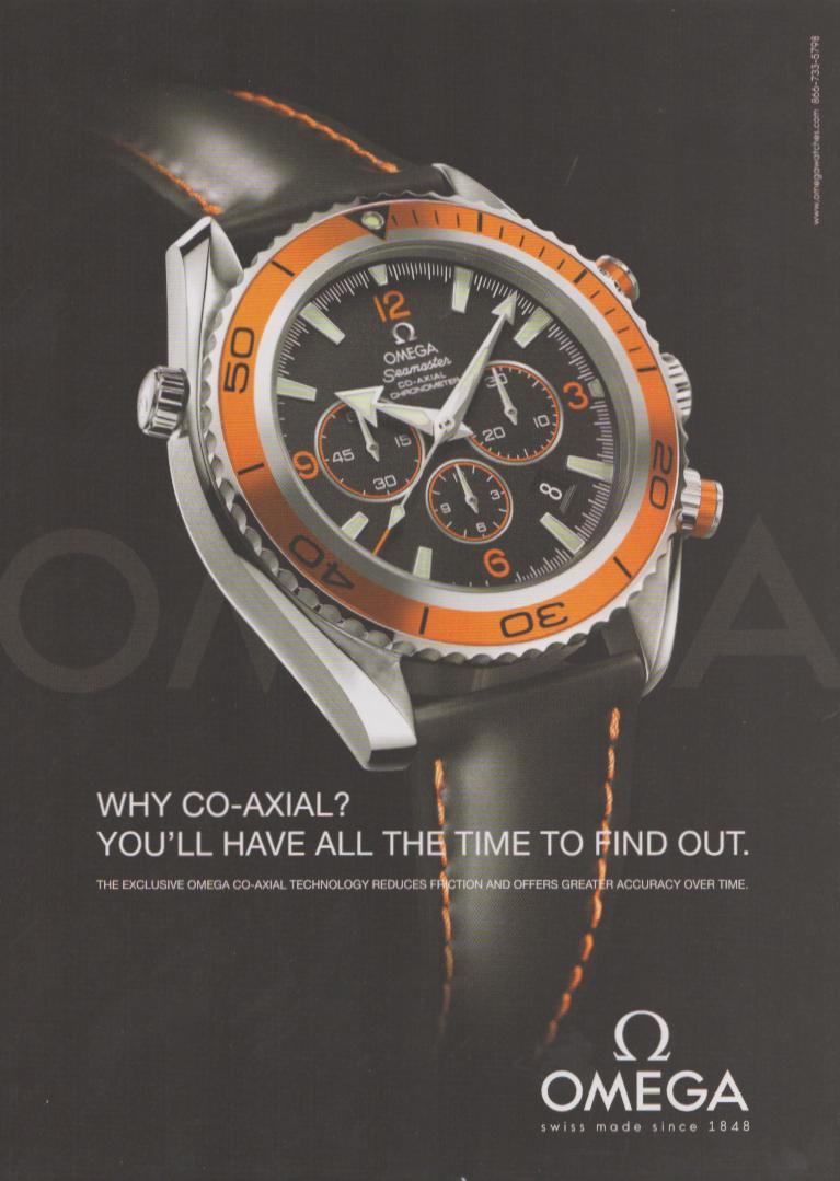Vintage 2000s Omega Seamaster Planet Ocean Co-Axial Chronograph original print advertisement, dramatic dark background with bold orange bezel diver's chronograph watch on black leather strap with orange stitching