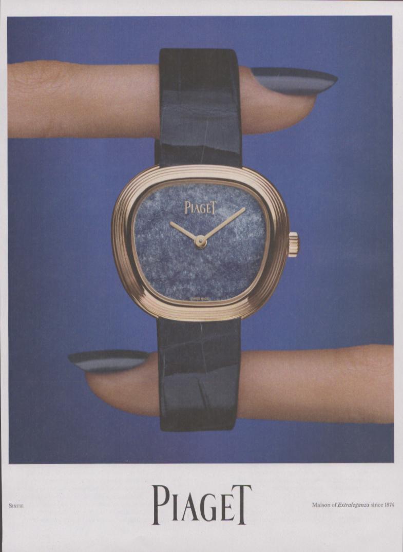 Vintage 2010s Piaget Sixtie original print advertisement, rose gold cushion-case watch with blue lapis dial and navy alligator strap held between two hands on cobalt blue background