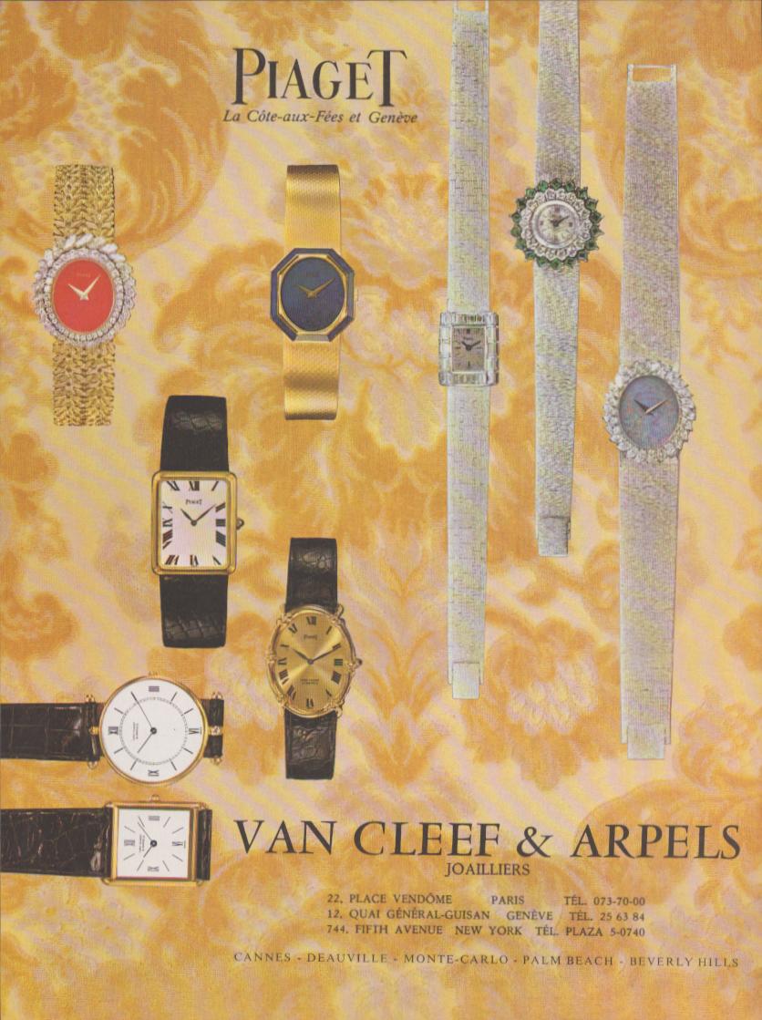 Vintage 1970s Piaget original print advertisement presented by Van Cleef & Arpels, eight luxury dress watches displayed on golden damask background with Paris and New York retailer addresses