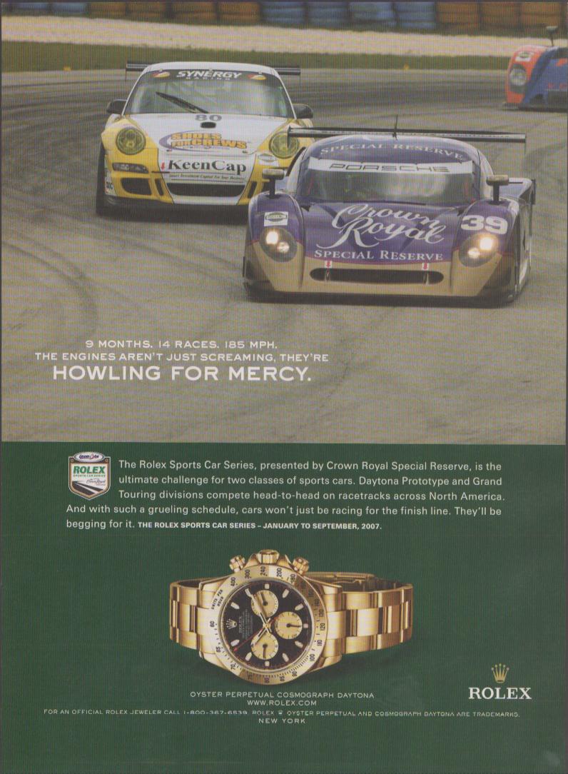 Vintage 2007 Rolex Cosmograph Daytona original print advertisement, Porsche prototype racing cars on track with gold Daytona watch below