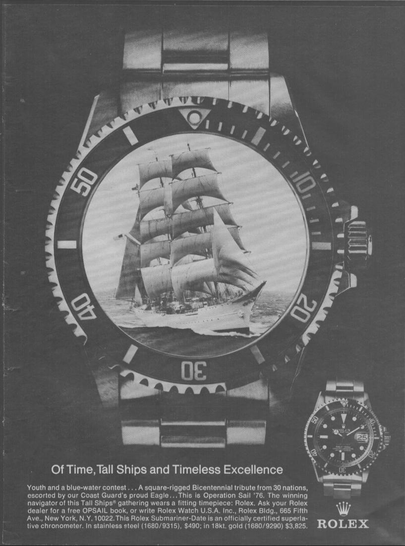 Vintage 1976 Rolex Submariner-Date original print advertisement, black and white image of tall ship reflected in oversized Submariner watch face with Operation Sail Bicentennial copy