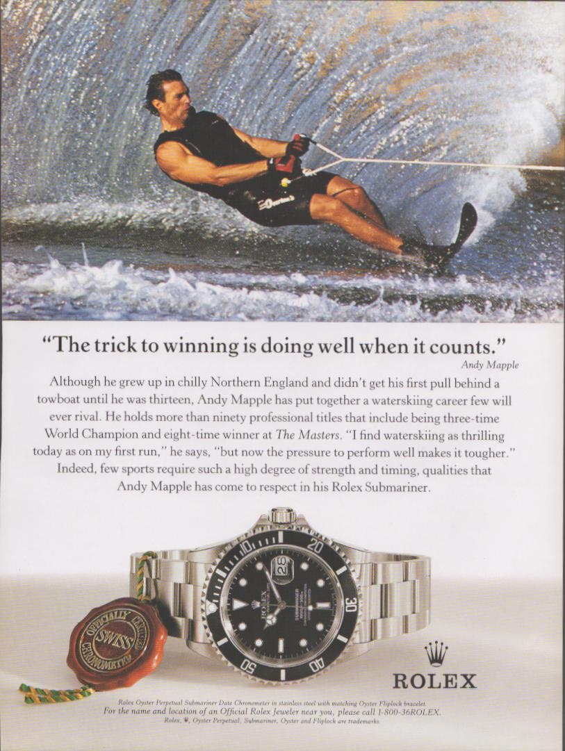 Vintage 1990s Rolex Submariner original print advertisement featuring waterskiing world champion Andy Mapple in action with stainless steel Submariner Date watch displayed below