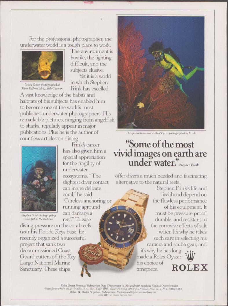 Vintage 1985 Rolex Submariner original print advertisement, featuring underwater photographer Stephen Frink diving among coral reefs with 18kt gold Submariner Date watch in foreground