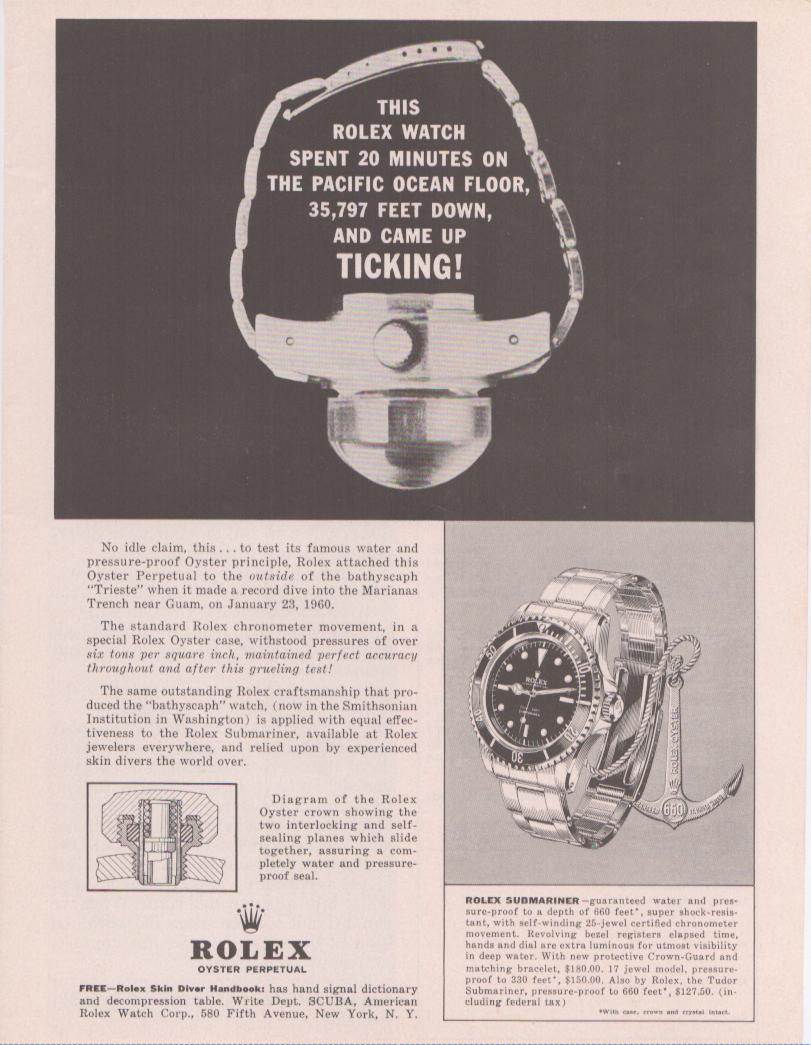 Vintage 1960 Rolex Submariner original print advertisement, featuring the bathyscaph Trieste and bold headline 'came up ticking' with watch detail and Oyster crown diagram