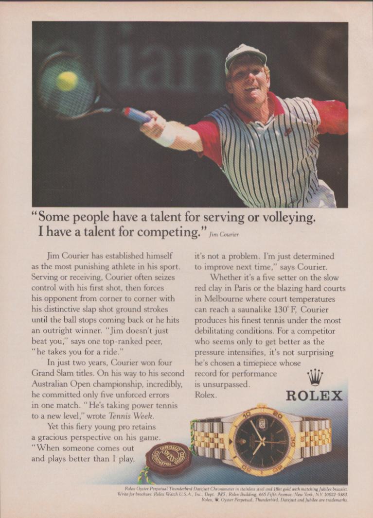 Vintage 1993 Rolex Datejust original print advertisement, Jim Courier hitting a forehand with Rolex Thunderbird Datejust watch displayed below